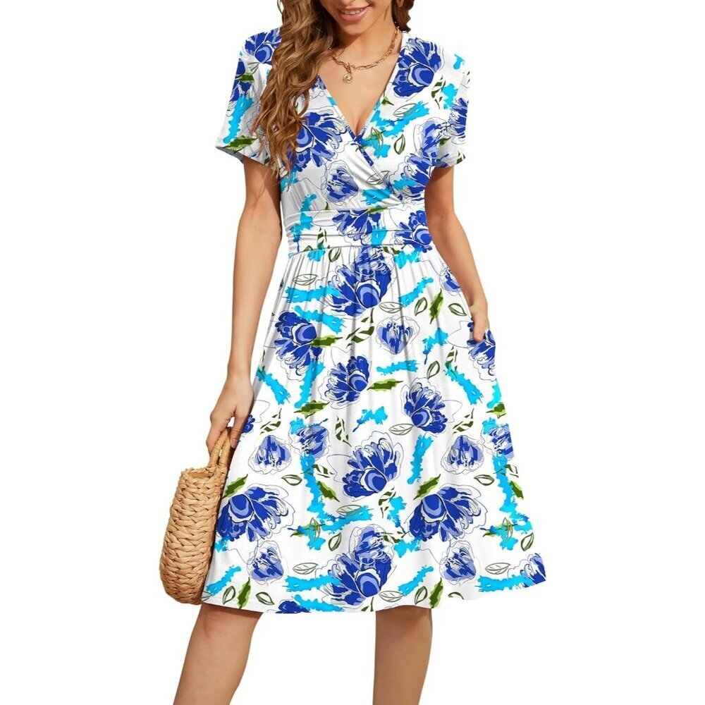 Women Blue White Short Sleeve V-Neck Floral Stretchy Party Dress with Pockets